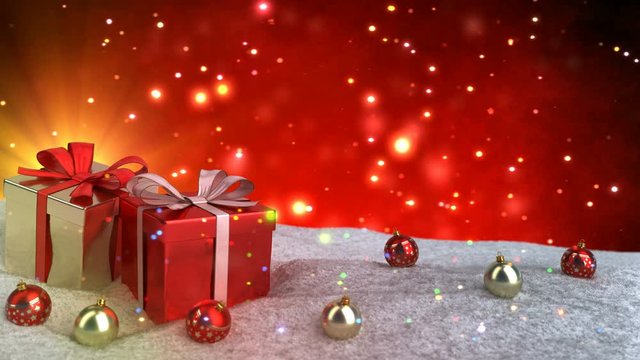 Christmas gifts in snow on red bokeh background. Seamless loop. 3D render.