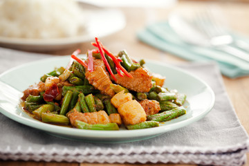 Stir fried pork and red curry paste with sting bean,thai food