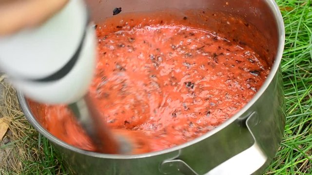 Closeup of chopping fruit with an immersion blender in a stainless steel saucepan to make jam of plums, berries, pears