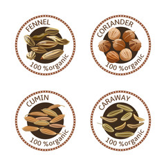 Set of spices labels. 100 organic. Spice collection