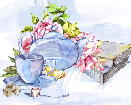 Collection of hand drawn illustration on the theme tea. Watercolor set . Menu design.
