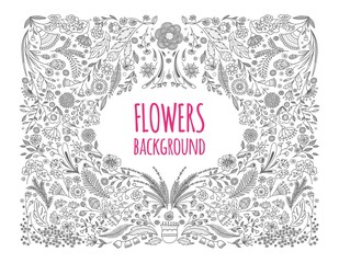 Floral monochrome background. Hand drawing. Linear style.