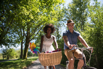 Young multiethnic couple having a bike ride in nature