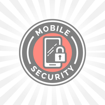 Mobile device security icon with padlock and smartphone symbol badge. Vector illustration.