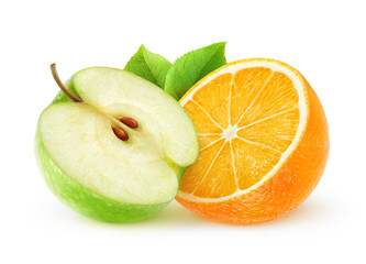 Halves of green apple and orange fruit isolated on white background with clipping path