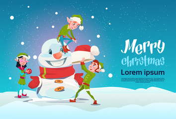 Santa Green Elf Group Making Snowman Merry Christmas Happy New Year Banner Flat Vector Illustration