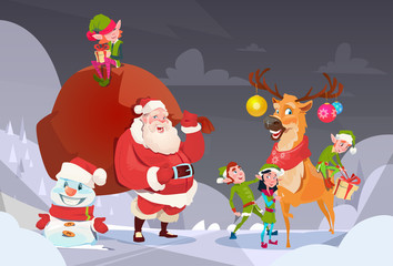 Santa Claus With Reindeer Elfs Gift Sack Happy New Year Merry Christmas Banner Flat Vector Illustration
