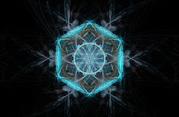 Computer abstract fractal snowflake on a black background