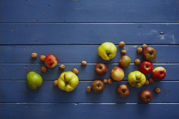 Naklejka na ściany i meble herbstliches Obst auf blauem Holztisch