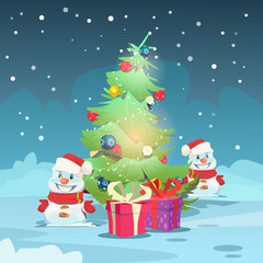 Christmas Green Tree Snowman Greeting Card Decoration Happy New Year Banner Flat Vector Illustration