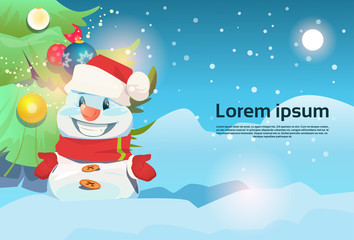 Christmas Green Tree Snowman Greeting Card Decoration Happy New Year Banner Flat Vector Illustration