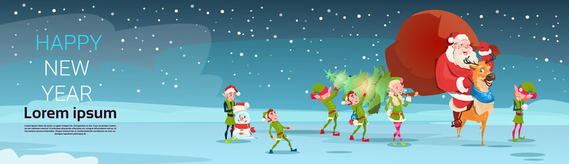 Santa Claus Carry Big Present Sack, Elfs With Pine Tree Greeting Card Merry Christmas Happy New Year Flat Vector Illustration