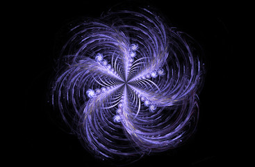 Fractal decorative illustration of lilac abstract spiral flower on black background