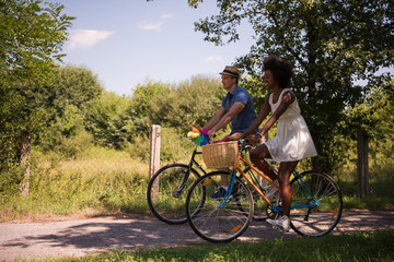 Fototapeta premium Young multiethnic couple having a bike ride in nature