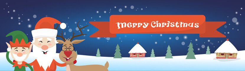 Fototapeta na wymiar Merry Christmas Santa Clause Reindeer Elf Character Over Winter Snow House Village Poster Greeting Card Flat Vector Illustration