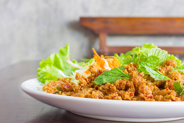 spicy minced pork salad, minced pork mash with mint leaves, Thai food