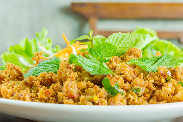 spicy minced pork salad, minced pork mash with mint leaves, Thai food