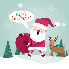 Merry Christmas Santa Clause With Present Sack Happy New Year Poster Greeting Card Flat Vector Illustration