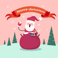 Santa Claus Sit On Red Sack With Present Making Selfie Photo, New Year Christmas Holiday Flat Vector Illustration