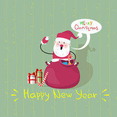 Santa Claus Sit On Red Sack With Present Making Selfie Photo, New Year Christmas Holiday Flat Vector Illustration