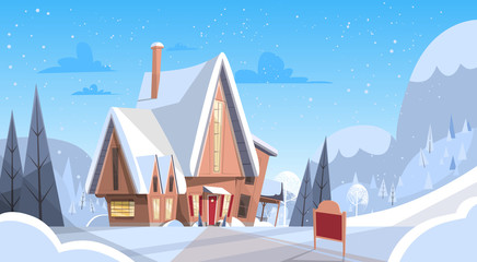Snowy Village House Happy New Year Merry Christmas Greeting Card Banner Flat Vector Illustration