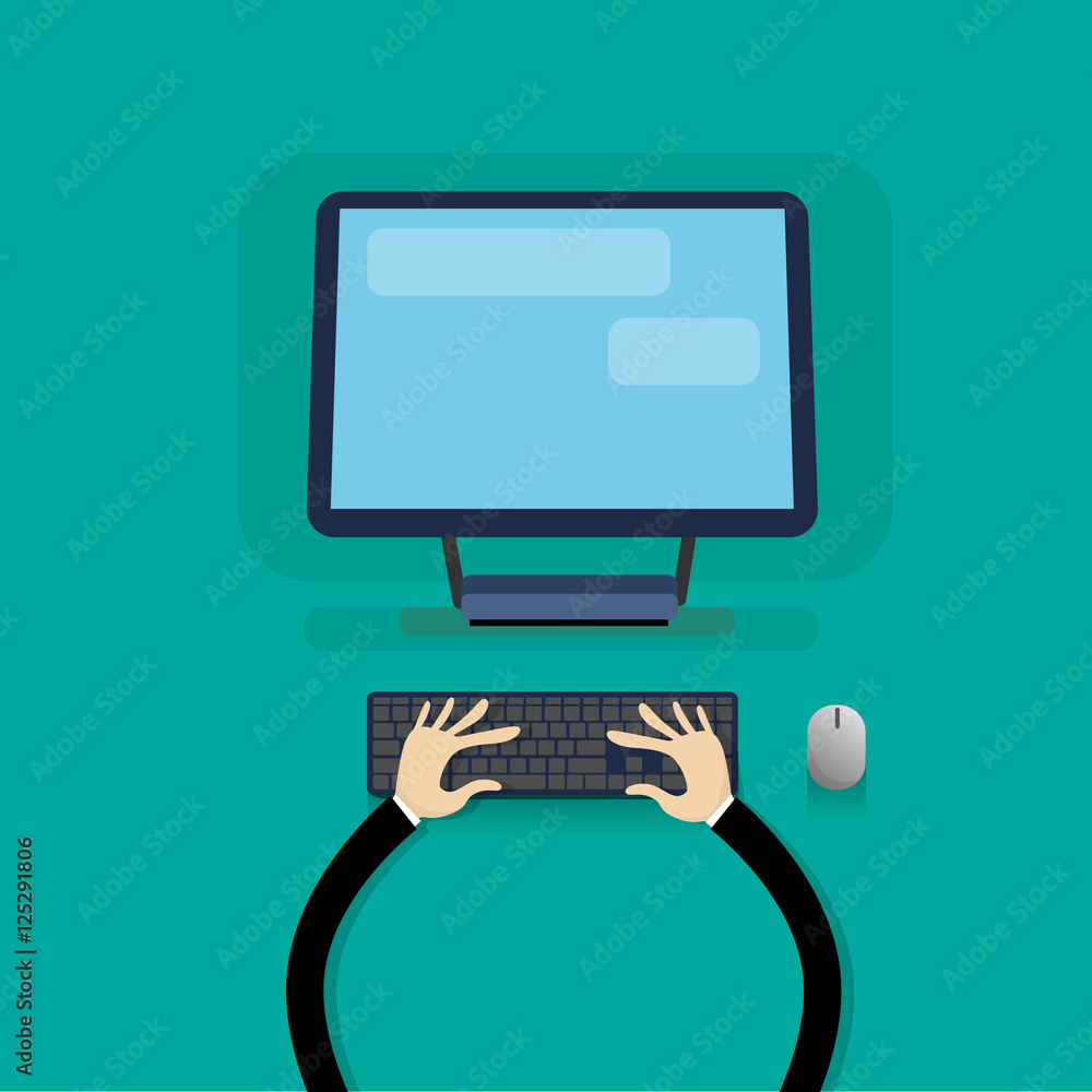 Aufkleber desktop modern computer workstation hands typing keyboard vector illustration