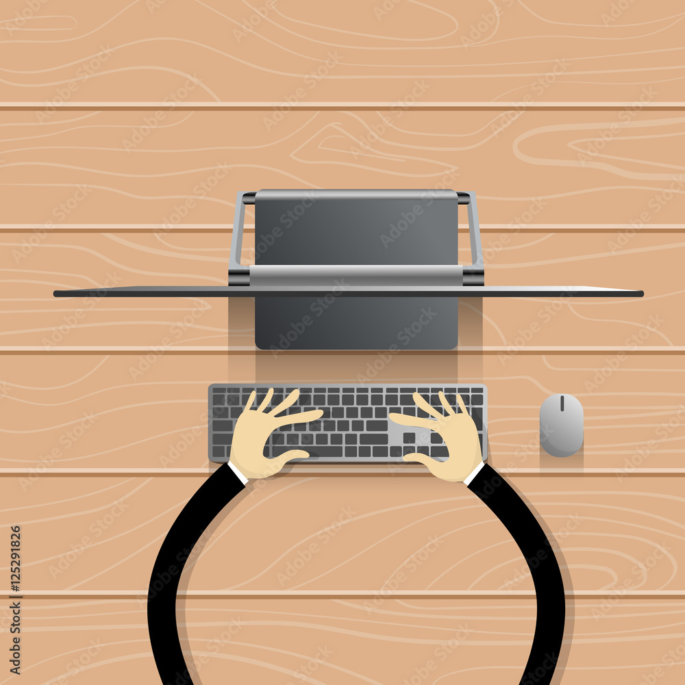 Poster desktop modern computer workstation hands typing keyboard vector illustration
