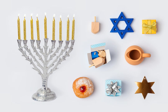Hanukkah menorah and objects for mock up template design.View from above. Flat lay