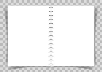 Blank paper book connected with spiral on transparent vector background.