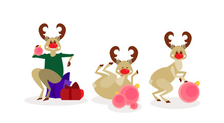 Christmas Reindeer Group Isolated Happy New Year Celebration Cartoon Characters Flat Vector Illustration