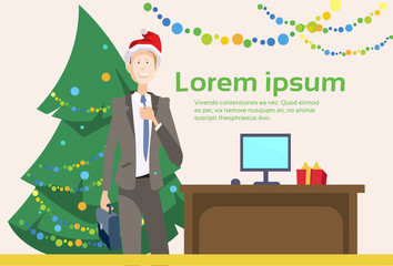 Business Man Decorated Workplace Office Merry Christmas And Happy New Year Businessman Wear Santa Hat Flat Vector Illustration