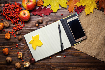 Naklejka na ściany i meble notebook, pen and telephone in autumn still life, fall leaves, gifts of autumn, wooden background, walnuts, maple leaves - autumn composition from top. Free space for text. Colorful autumn leaves