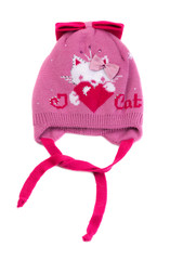 Pink baby hat with laces.