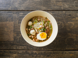 close up thai noodle on wood table background