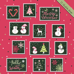 A set of Christmas stamps, postage stamp, scrapbook, gift tags with text, snowman, reindeer, tree, snowflakes, Christmas elements in green, pink, with pink background for Christmas greeting holiday.
