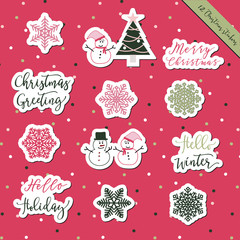 A set of Christmas stickers, scrapbook, gift tags with text, snowman, tree, snowflakes and Christmas elements in green, pink and white colors with pink background for Christmas greeting holiday.