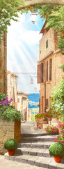 Italian old balcony with flowers pot and street view street © Natalia