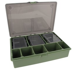 Green plastic box for fishing tackle on an isolated white