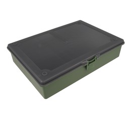 Green plastic box for fishing tackle on an isolated white