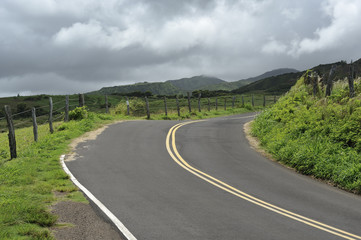 Fototapeta na wymiar Empty country road on the grassy hills of Maui, Hawaii