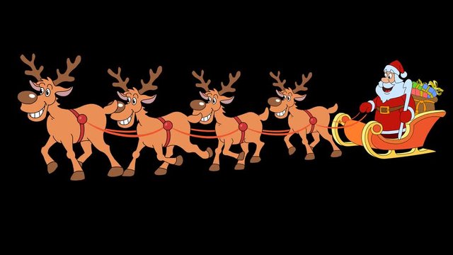 Christmas sleigh with four reindeer and Santa Claus. Hand-drawn animation with an alpha channel. 30 fps. Loop.