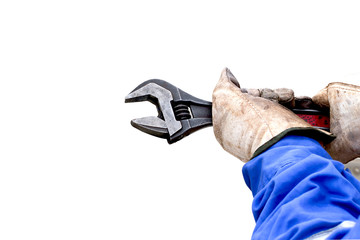 Fototapeta premium Mechanic holding pair of wrenches on white background
