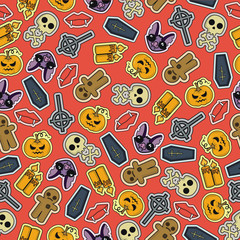 Seamless Halloween flat design. Design for wrapping paper, paper packaging, textiles, holiday party invitations, greeting card. 