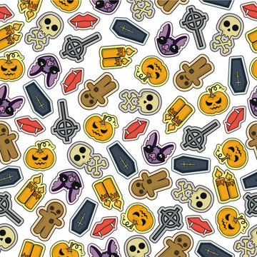 Seamless Halloween flat design. Design for wrapping paper, paper packaging, textiles, holiday party invitations, greeting card. 