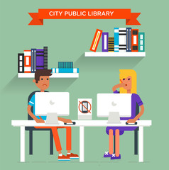 Young man and young woman seating in the library