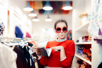 Funny Woman with Oversized Sunglasses and Silver Clutch Bag