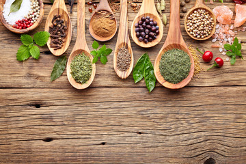 Herbs and spices on a wooden board