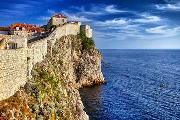 Fototapeta na wymiar Dubrovnik, Croatia view from city walls overlooking walls and se