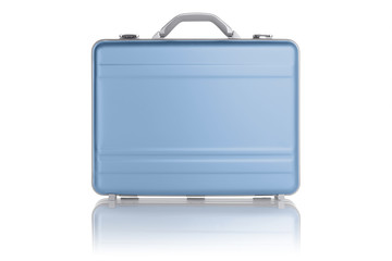 Light blue metal suitcase isolated on white background