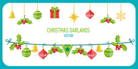 Christmas Garland Vector. Winter Holidays Vector Clip Art On White Background. New Year Garland Decorations. Snowflakes, Gifts, Christmas balls vector.